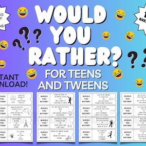 Könnte beinhalten: Ein druckbares Spiel für Teenager und Tweens namens "Would You Rather?" mit 100 Fragen. Das Spiel hat einen bunten Hintergrund mit einer Vielzahl von albernen Fragen und Emojis.