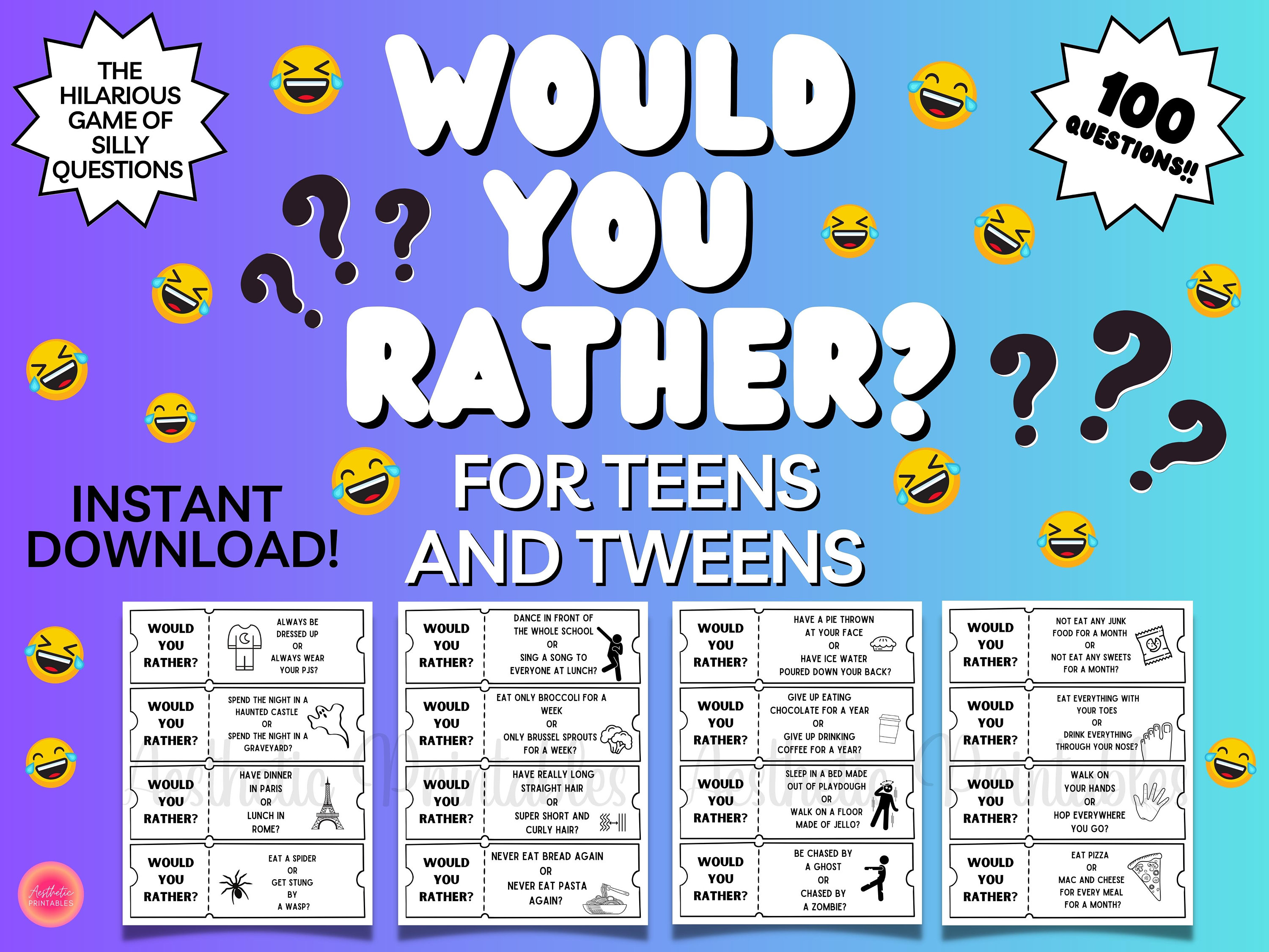 Would You Rather, Fun Party Games for Teens and Tweens, Sleepover Activities, This Or That, Sleepover Activity, Funny Questions Printable
