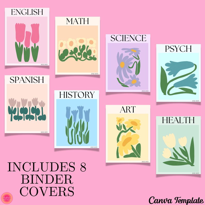 May include: Eight colourful binder covers with floral designs and subject titles: English, Maths, Science, Psych, Spanish, History, Art, and Health. Each cover includes the text "2023-2024".