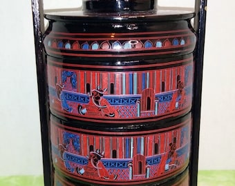 Antique~Burmese Black Lacquer Authentic Tiffin Lunch Box~4-Tiers, Lid/Plate, Teacup, Handle~Blue/Red Line-Art Burmese Court Ladies
