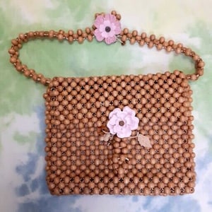 Handmade Vintage 1960&#39;s Walborg Wood Bead Handbag Purse~Flap, Lined, Boho, Japan~Fully Wood Beaded~Crepe Flower Accents