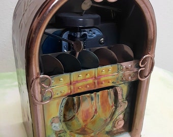 Vintage Berkeley Designs Patinaed Copper Music Box~Jukebox With Viewable Turntable~Tested and Plays~4"x6"~"Rock Around The Clock"