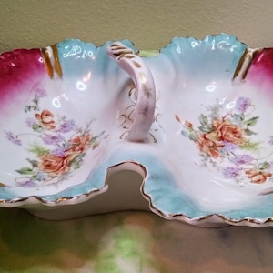 Antique German Double Serving Dish~Twist Handle Gold Trim Victorian Florals 14&quot;