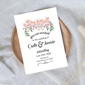 Faire-part de mariage floral rose romantique - Fleurs fantaisistes, bohèmes, aquarelles