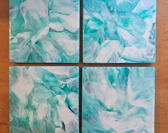 Light and Bright Set of 4 Acrylic Pour, Fluid Art Coasters w/ Holder