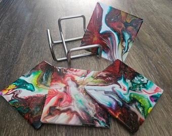 Acrylic Pour Coasters (Set of 4) - Fluid Art with Silver Holder