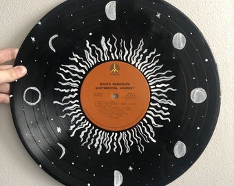 Sun and moon phases in outer space hand painted vinyl record or clear cd (4.75 diameter) for vintage wall decor