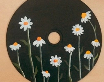 Daisy flowers hand painted on a vinyl record or clear cd(4.75 diameter) in wall decor for vintage aesthetic