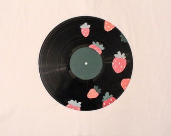 Strawberries hand painted vinyl record or clear cd (4.75 diameter) for vintage aesthetic wall decor