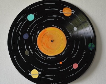 Outer space solar system hand painted vinyl record for vintage aesthetic wall decor