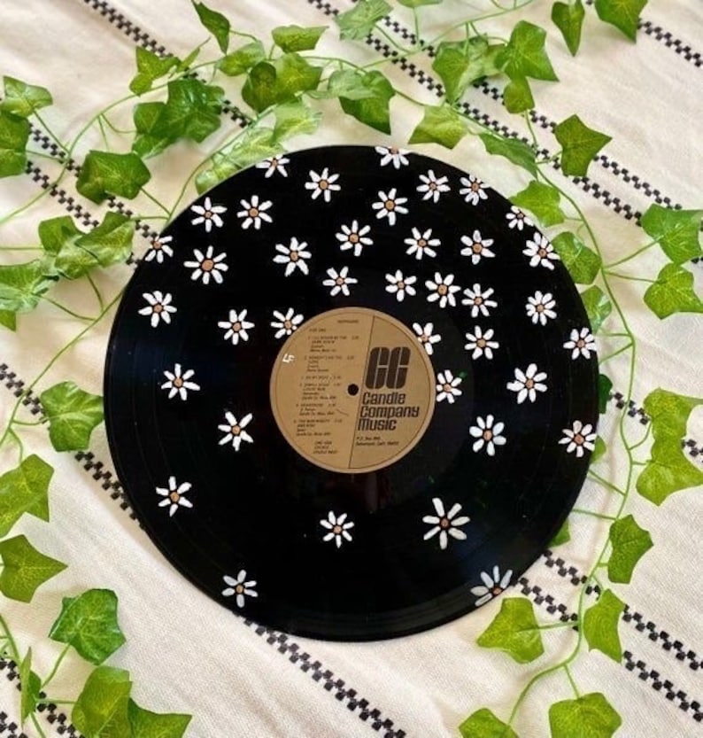 Mini-Daisies flowers hand painted vinyl record or clear cd4.75 diameter in wall decor for vintage wall aesthetic image 1