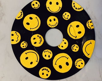 Smilie faces hand painted vinyl record or clear cd(4.75 diameter) in wall decor for vintage aesthetic