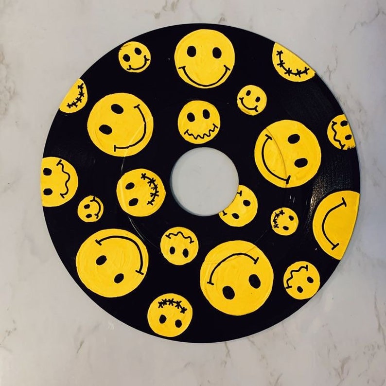 Smilie faces hand painted vinyl record or clear cd4.75 diameter in wall decor for vintage aesthetic image 1