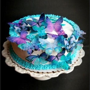 Edible Ultra Violet and Teal Butterflies Collection set of 16 Cake / Caupcake Toppers