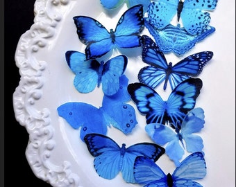 Edible Vibrant Blue Butterflies Collection Variety Set of 12 Cake / Cupcake Toppers
