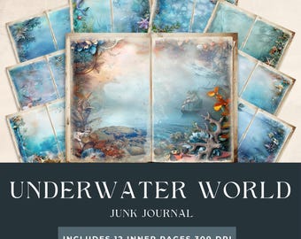 Onderwaterjunkjournaal | Nautische collagebladen | Afdrukbare diepwatercollage | Zeemeerminpagina's |  Onder de zee-boot |  Betoverde oceaan