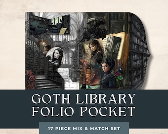 Puede incluir: Un collage oscuro y artístico con temática de biblioteca gótica. La imagen incluye retratos de mujeres, rosas y elementos arquitectónicos. El texto en la parte inferior dice "GOTH LIBRARY FOLIO POCKET" y "17 PIECE MIX & MATCH SET".