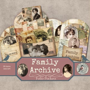 Puede incluir: Una colección de elementos de archivo vintage con fotografías antiguas, postales y notas manuscritas. El diseño incluye el texto "Family Archive" y "Folio Pockets" en una fuente decorativa, con una ilustración de un pájaro. La paleta de colores es sepia y crema.