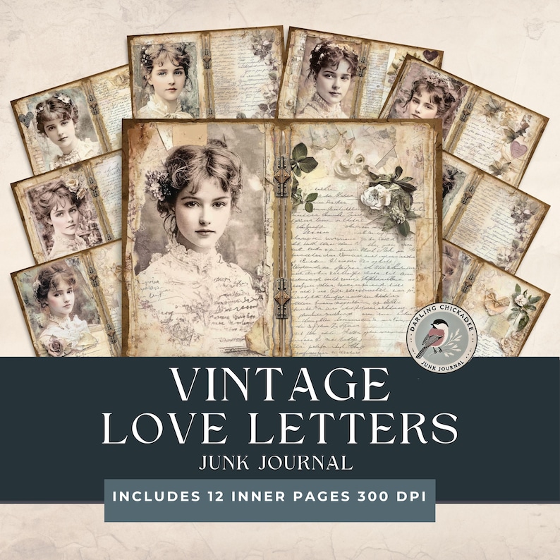 May include: Vintage junk journal with 12 inner pages. The pages feature images of women from the early 1900s and handwritten text. The journal is 300 DPI.