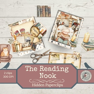Può includere: Una collezione di fermagli e elementi decorativi a tema lettura. L'immagine include illustrazioni di libri, un gatto, una poltrona accogliente e forbici. Il testo recita "The Reading Nook" e "Hidden Paperclips."