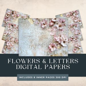 Flores e Letras Junk Journal | Cartas Vintage | Papel Digital Floral | Cartas Florais Elegantes | Botânico Desgastado | Álbum de Recortes Vintage