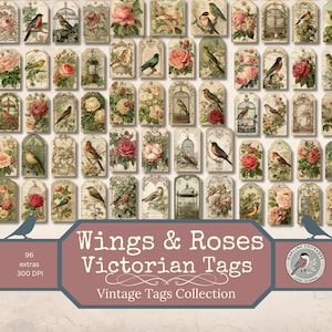 Victorian Tags Printable – Birds & Roses | Vintage Ephemera for Junk Journals  Scrapbooking | Floral Printable Junk Journal Ephemera Kit