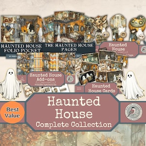 May include: A digital printable ephemera kit titled Haunted House Complete Collection featuring various ghost illustrations, haunted house interior scenes, pumpkin motifs, and decorative cards in orange, brown, and cream tones for junk journaling.
