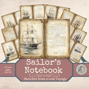 Pages du carnet de bord de Sailor's Notebook | Kit nautique vintage imprimable |  Croquis de vieux navire et lettres manuscrites | Éphémères maritimes anciens