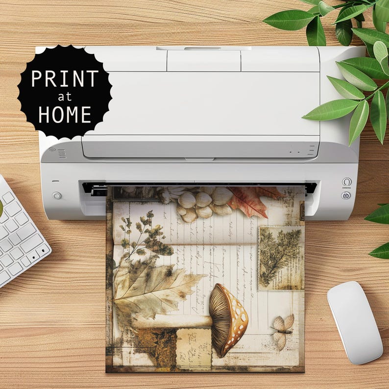 May include: A vintage-style printable design featuring a mushroom, leaves, and a book with handwritten text. The design is printed on a white background with brown and green accents.