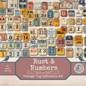 Rust & Numbers – Vintage Tag Ephemera Kit | Printable Number Labels for Junk Journals | Mixed Media  Collage | Industrial Grunge Rustic Tags