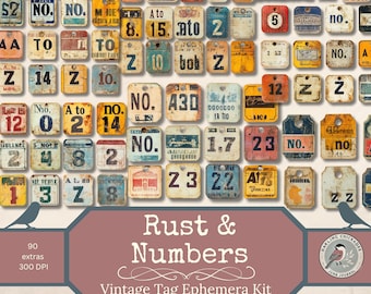 Rust & Numbers – Vintage Tag Ephemera Kit | Printable Number Labels for Junk Journals | Mixed Media  Collage | Industrial Grunge Rustic Tags