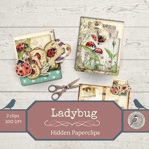 Marienkäfer versteckte Büroklammern – Printable Junk Journal Ephemera | 2 Clip Designs, Von der Natur inspirierte Collagen, 300 DPI | Botanische Andenken