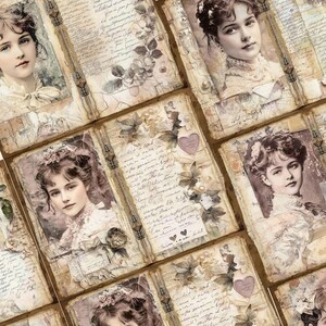 May include: A collage of vintage-style scrapbook pages featuring images of women with delicate features and intricate hairstyles. The pages are adorned with handwritten text, floral accents, and decorative elements, creating a romantic and nostalgic aesthetic.