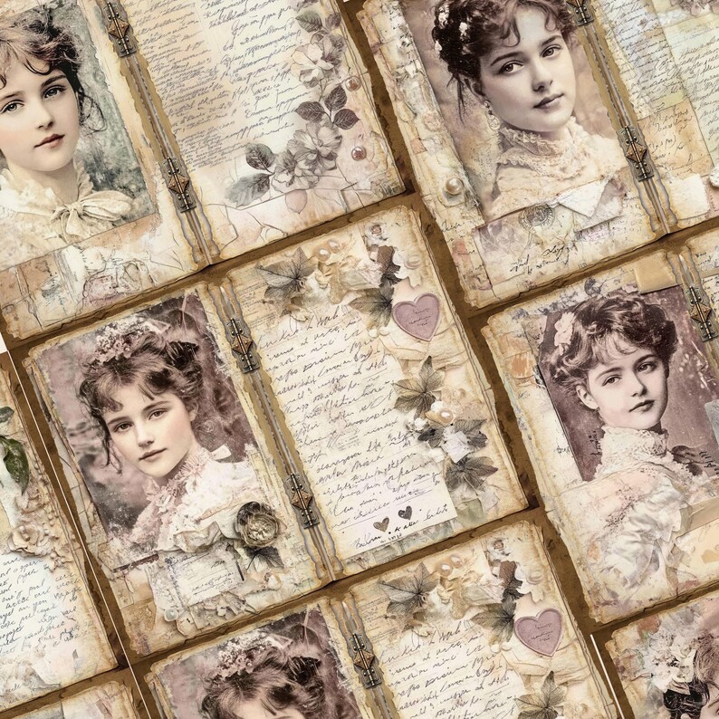 May include: A collage of vintage-style scrapbook pages featuring images of women with delicate features and intricate hairstyles. The pages are adorned with handwritten text, floral accents, and decorative elements, creating a romantic and nostalgic aesthetic.