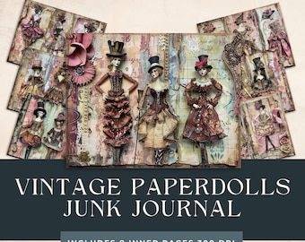Vintage Paper Dolls Junk Journal | Whimsical Girl Vintage Dolls Pages | Paper Doll Background | Shabby Chic Scrapbooking | Vintage Ladies