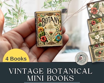 Vintage Botanical Mini Books – Set of 4 | Miniature Botanical Books for Junk Journals | Botanical Illustration | Ephemera | Dollhouse books