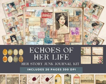 Echoes of Her Life: Junk Journal Kit | Verloren brieven en portretten Scrapbooking | Pagina's met vintage herinneringen | Vintage ephemera | Memoires-kit