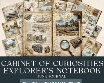 Może przedstawiać: Zestaw do tworzenia junk journala w stylu vintage zatytułowany "Cabinet of Curiosities Explorer's Notebook". Zestaw zawiera 12 wewnętrznych stron i ma rozdzielczość 300 DPI. Okładka zawiera kolaż z antycznych map, ilustracji i lupy.