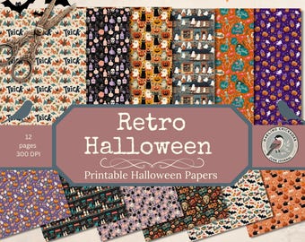 Retro Halloween Printable Papers | Vintage Halloween Digital Junk Journal Backgrounds | Ghosts, Pumpkins & Trick-or-Treat Scrapbook