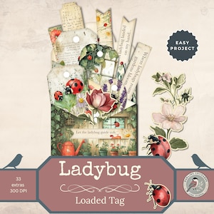Ladybug Loaded Tag Junk Journal Ephemera Kit | Afdrukbaar zaklabel lieveheersbeestje | Invoegsel dagboek zoete zomerherinneringen | Tijdelijke tuin