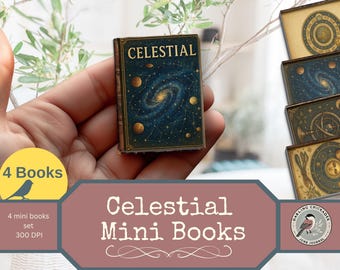 May include: A miniature book titled "Celestial" with a galaxy design on the cover is held in a hand. The image also shows a set of four mini books. The text "Celestial Mini Books" is displayed below the books.