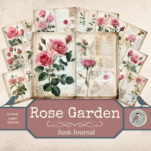 Kit de diário de lixo de jardim de rosas | Páginas florais vintage para impressão | Imprimíveis de jardim de rosas antigo | Scrapbooking de jardim de rosas botânico