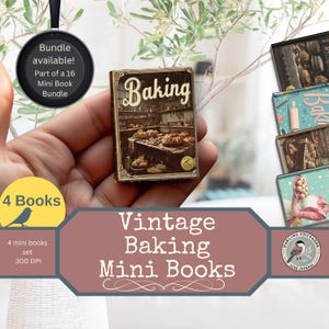 Puede incluir: Un conjunto de cuatro mini libros de cocina vintage. El libro principal presenta la palabra "Baking" y una escena interior de una panadería. La imagen también incluye una oferta de paquete y un logotipo con un pájaro.
