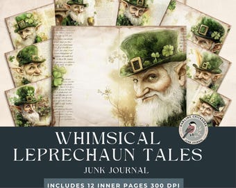 May include: A digital printable junk journal kit featuring whimsical illustrations of leprechauns with green hats and beards. The kit includes 12 inner pages at 300 DPI.  The text "Whimsical Leprechaun Tales Junk Journal" is displayed on the front cover.