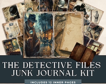 May include: A vintage-style junk journal kit with a detective theme. The kit includes 12 inner pages and 1 cover page, featuring images of a detective, a city street, and old maps. The kit is perfect for journaling, scrapbooking, or creating art.