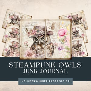 Steampunk Owls Junk Journal Pages | Cute Owls Paper Craft | Vintage Owl Junk Journal Kit | Floral Digital Scrapbook Paper Kit