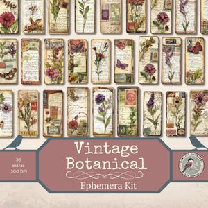 Zestaw Vintage Botanical Ephemera | Printable Junk Journal Extras | Vintage Floral Ephemera | Zakładki do książek z suszonymi kwiatami | Tagi botaniczne