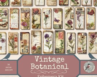Kit de efímeras botánicas vintage / Extras imprimibles para diario basura / Efímeras florales vintage / Marcadores de flores prensadas / Etiquetas botánicas