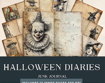 Halloween Diaries Junk Journal Pages | Spooky Printables | Holiday Scrapbooking | Creepy Clown Pages | Fall Collage Sheet | Autumn Craft