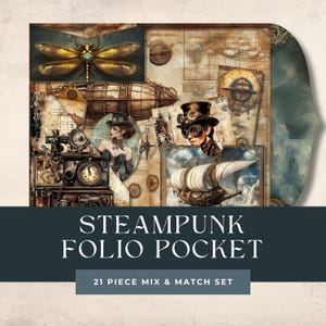 Kit d'artisanat vintage steampunk pliable avec folio | Papiers imprimables pour le scrapbooking | Kit de journal indésirable | | Éphémères vintage | Kit folio steampunk